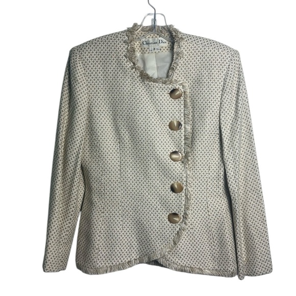 Vintage Christian Dior Cream Tan Fringe Button Up Blazer Jacket Size 4 - Picture 1 of 11